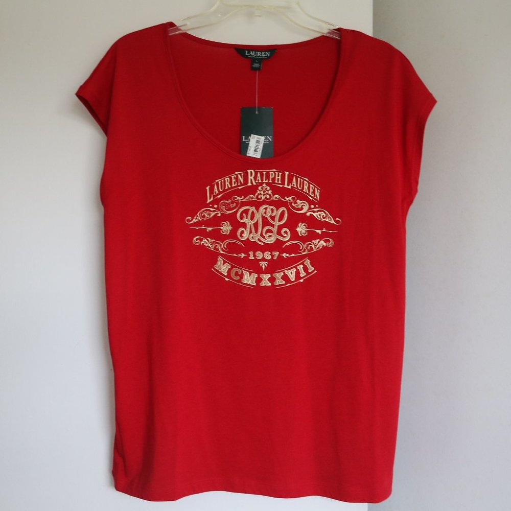 Ralph Lauren Red & Gold Short Sleeve T-Shirt Top Scoop Neck L New